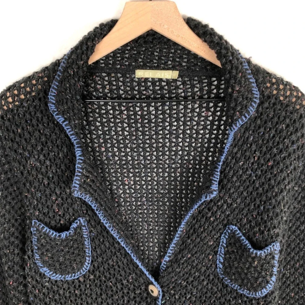 RELAIS Crochet Loose Knit Coatigan Sz‎ L Black & Blue Button Up Cardigan Sweater